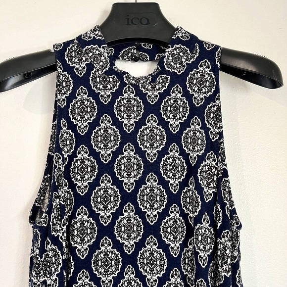 Anthropologie Sadie & Sage Medium Damask Navy Blue Dress High Neck Keyhole Back - Picture 2 of 8